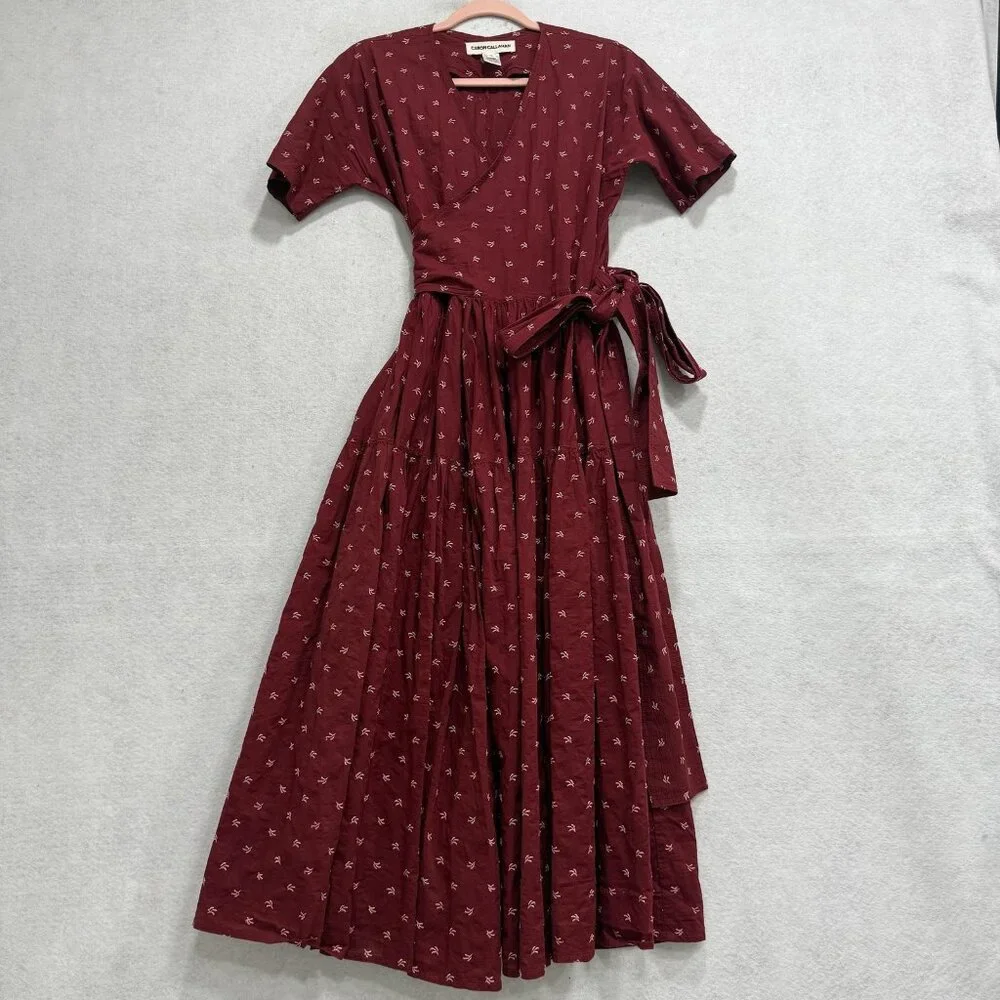 Caron Callahan Dress Womens Small Red Embroidered Wrap Short Sleeve Maxi Boho - Picture 1 of 7